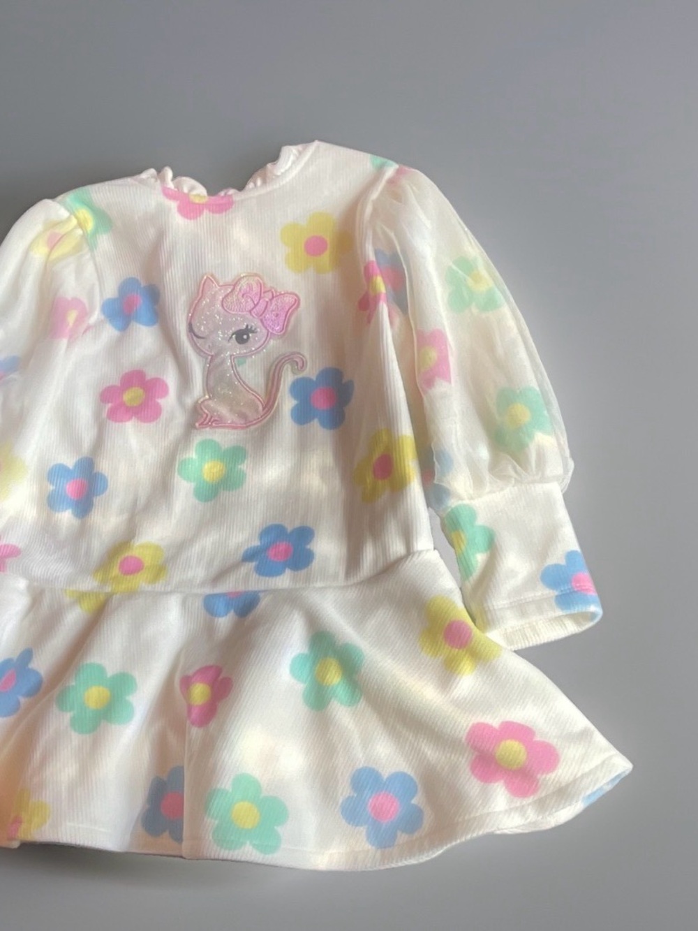 Kids Floral Cat Applique Dress - White with Pastel Flowers
